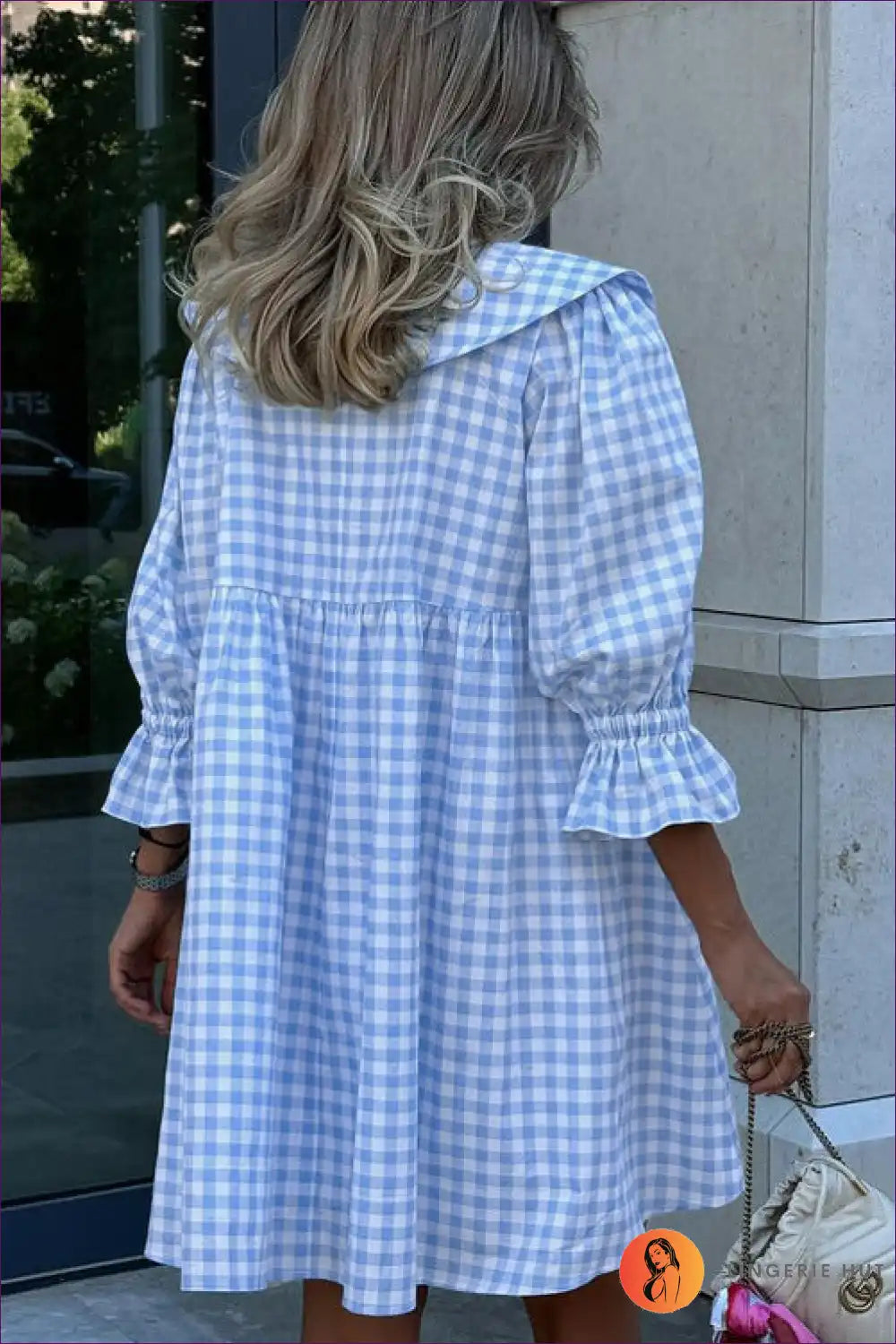 Mini Dress with Gingham Print Collar - Preppy Charm for A-line, All Season, Casual, Cotton,