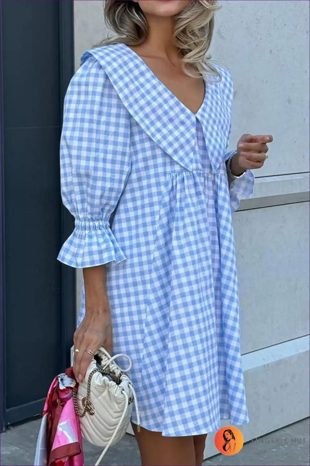 Mini Dress with Gingham Print Collar - Preppy Charm for A-line, All Season, Casual, Cotton,