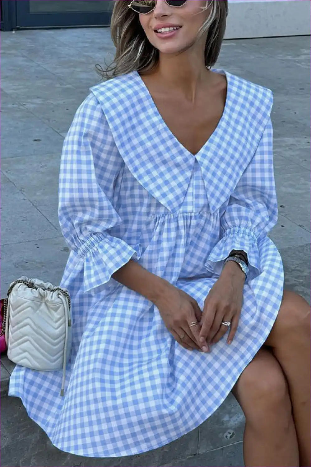 Mini Dress with Gingham Print Collar - Preppy Charm for A-line, All Season, Casual, Cotton,