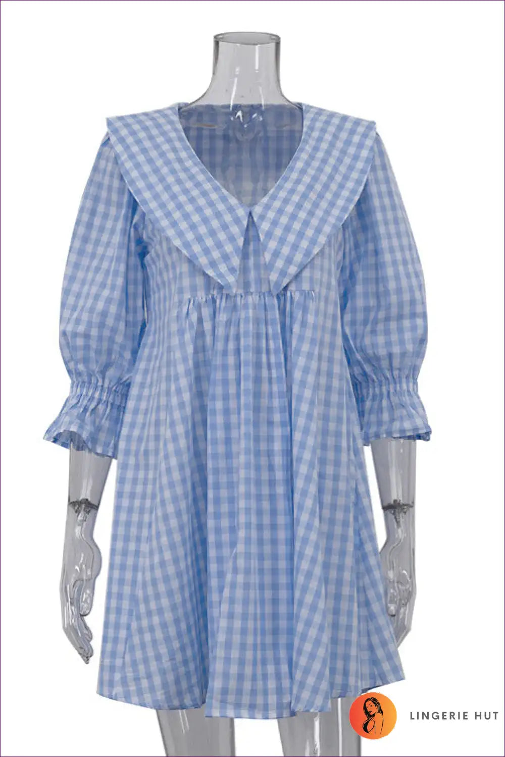 Mini Dress with Gingham Print Collar - Preppy Charm for A-line, All Season, Casual, Cotton,