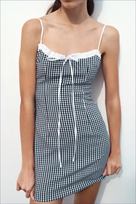 Mini Dress with Gingham Print - Picnic Perfect for A-line, Boho, Casual, Cotton,