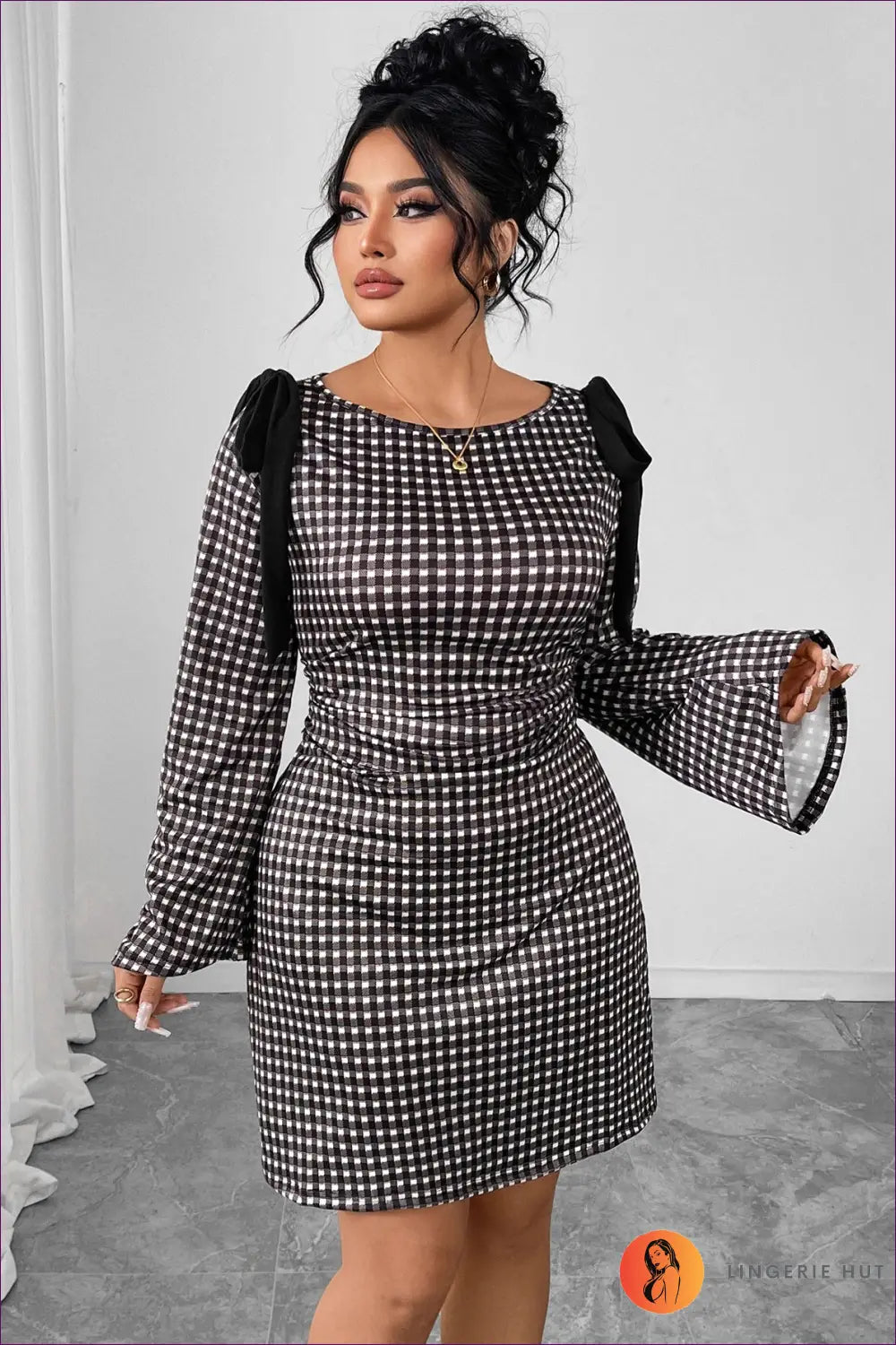 Gingham Mini Dress with Bow Shoulder Details - Effortless Elegance - Dresses - Lingerie Hut - Autumn • Bodycon • Casual