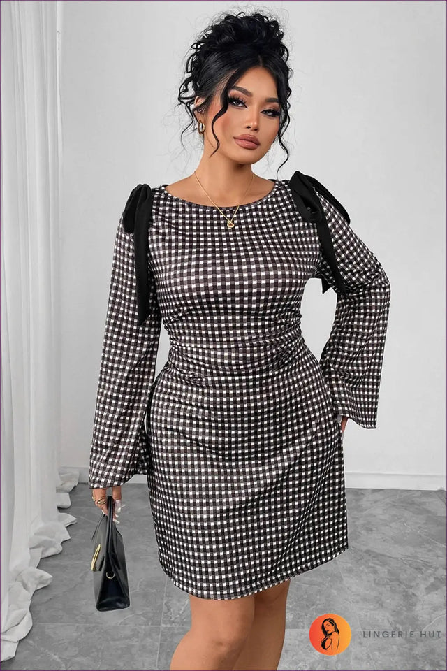 Gingham Mini Dress With Bow Shoulder Details - Effortless Elegance