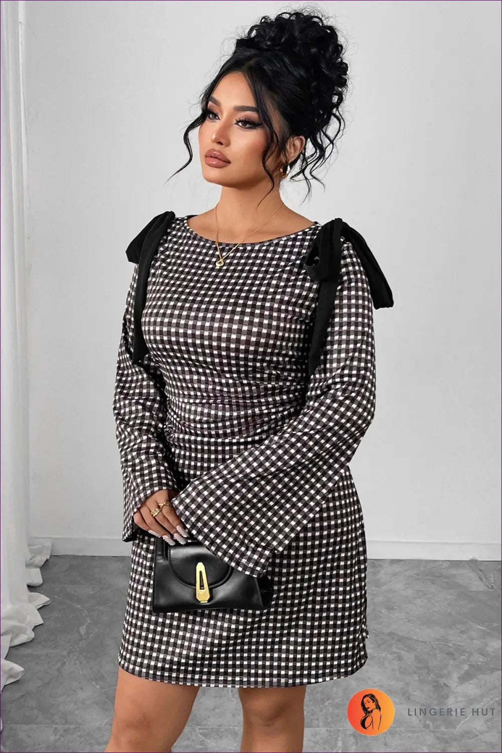 Gingham Mini Dress with Bow Shoulder Details - Effortless Elegance - Dresses - Lingerie Hut - Autumn • Bodycon • Casual