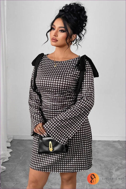 Gingham Mini Dress with Bow Shoulder Details - Effortless Elegance - Dresses - Lingerie Hut - Autumn • Bodycon • Casual