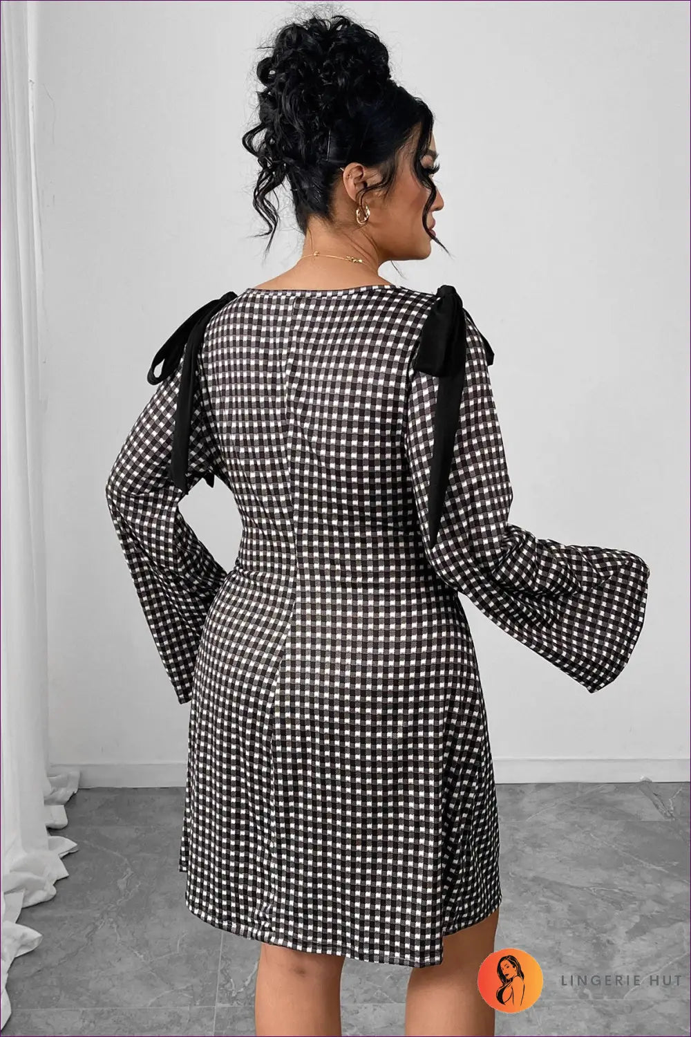 Gingham Mini Dress with Bow Shoulder Details - Effortless Elegance - Dresses - Lingerie Hut - Autumn • Bodycon • Casual