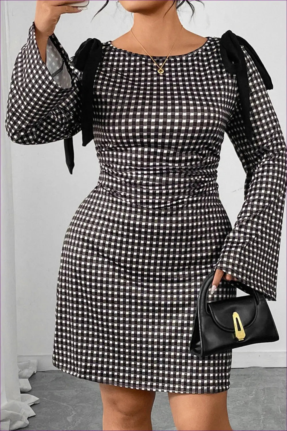 Gingham Mini Dress with Bow Shoulder Details - Effortless Elegance - Dresses - Lingerie Hut - Autumn • Bodycon • Casual