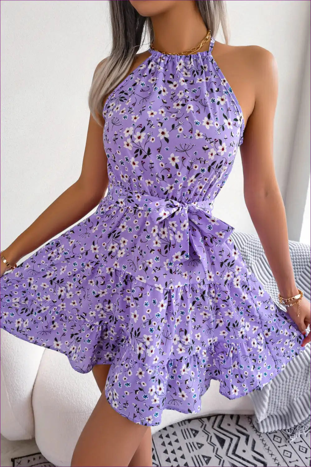 Mini Dress with Halter Neckline - Playful Romance for A-line, Backless, Boho, Casual,