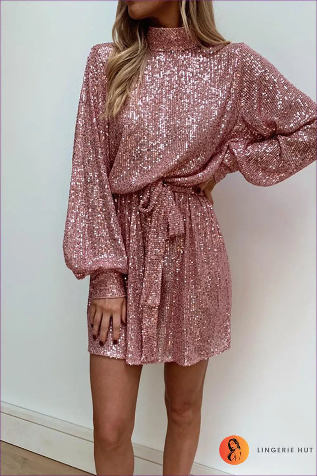 Sequin Mini Dress with High Neck - Modern Glamour Statement
