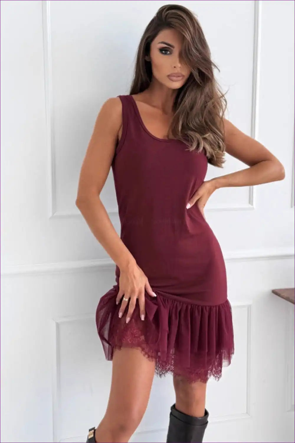 Mini Dress with Lace Hem Detail - Playful Sophistication for A-line, Casual, Dress, Everyday, Glamour