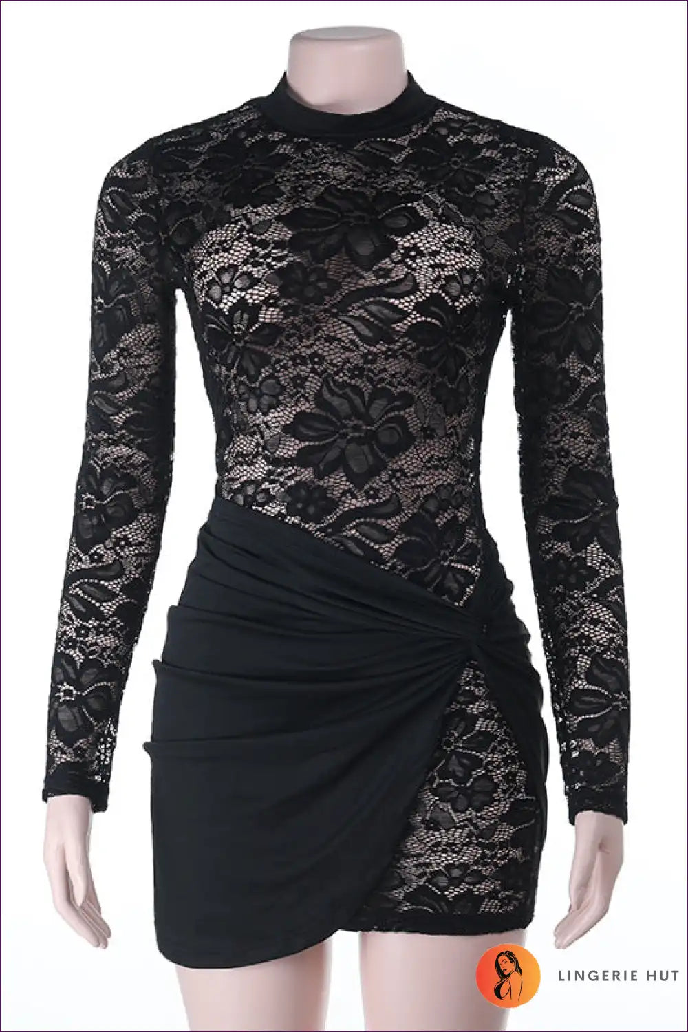 Mini Dress with Lace Overlay - Sophisticated Edge for All Season, Bodycon, Date Night, Dress, Evening Wear