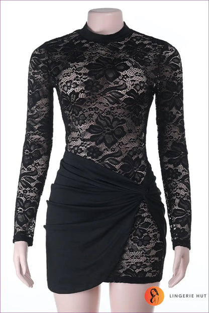 Mini Dress with Lace Overlay - Sophisticated Edge for All Season, Bodycon, Date Night, Dress, Evening Wear