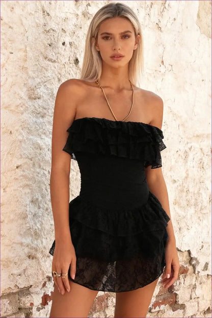 Mini Dress with Lace Ruffles - Midnight Garden Party for Backless, Cutout, Dress, Evening Wear, Glamour