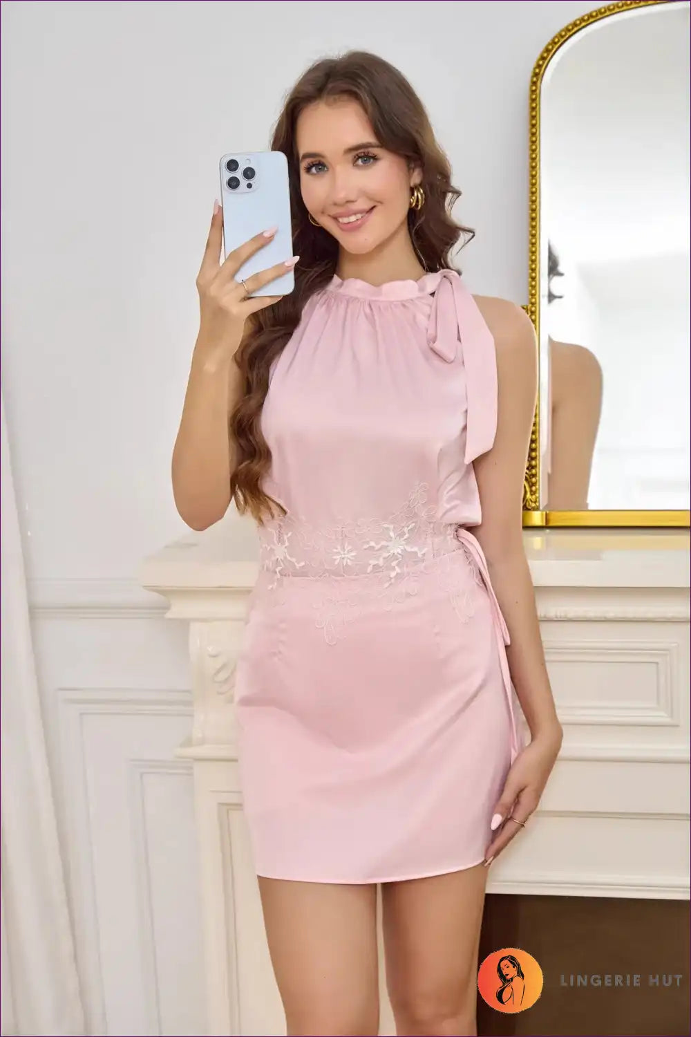 Mini Dress with Lace Waist Detail - Romantic Evenings for A-line, Date Night, Dress, Evening Wear, Floral