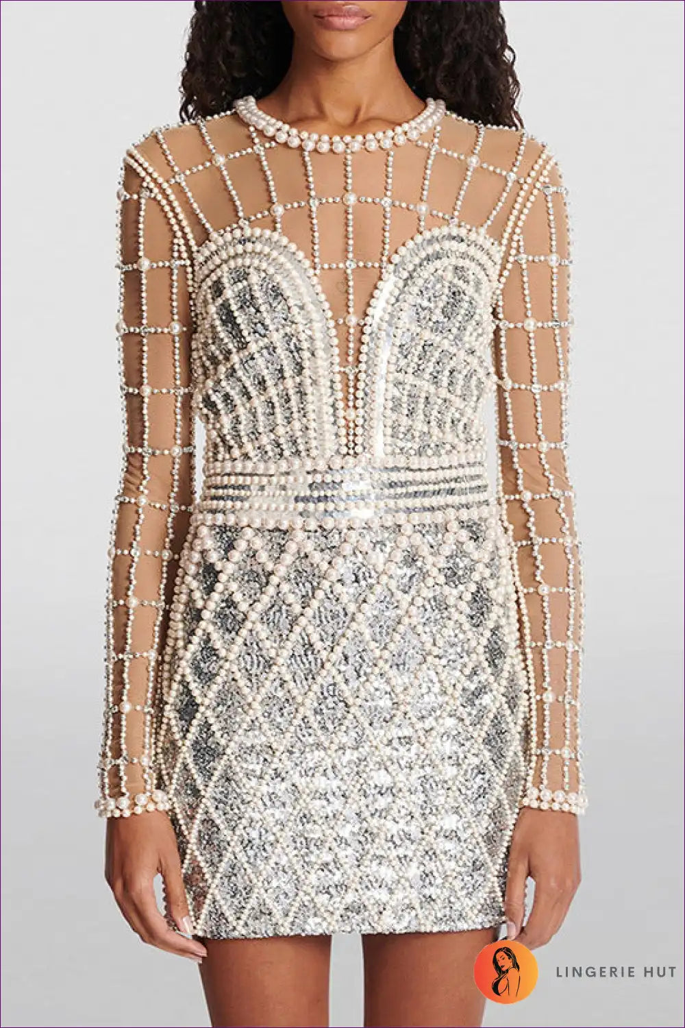 Mini Dress with Pearl Beading - Statement Evening for All Season, Bodycon, Cutout, Dress, Evening Wear