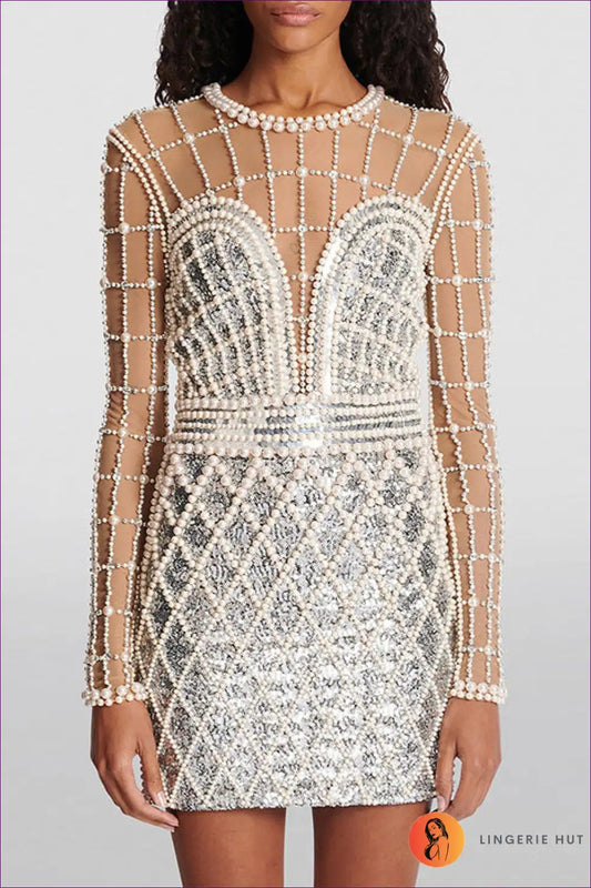 Mini Dress with Pearl Beading - Statement Evening for All Season, Bodycon, Cutout, Dress, Evening Wear