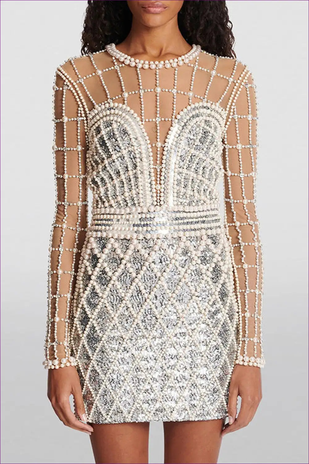 Mini Dress with Pearl Beading - Statement Evening for All Season, Bodycon, Cutout, Dress, Evening Wear