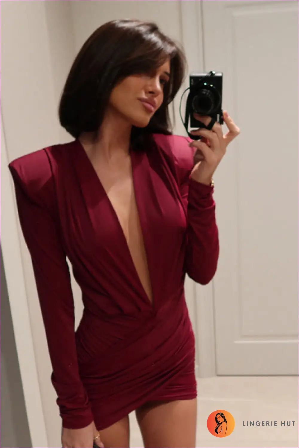 Mini Bodycon Dress with Plunging Neckline - After Dark Glamour - s / Burgundy - Dresses - Lingerie Hut - All Season