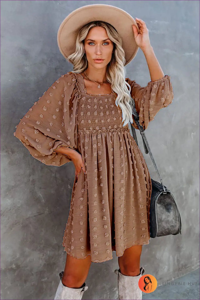 Textured Mini Dress with Puff Sleeves - Garden Party Ready