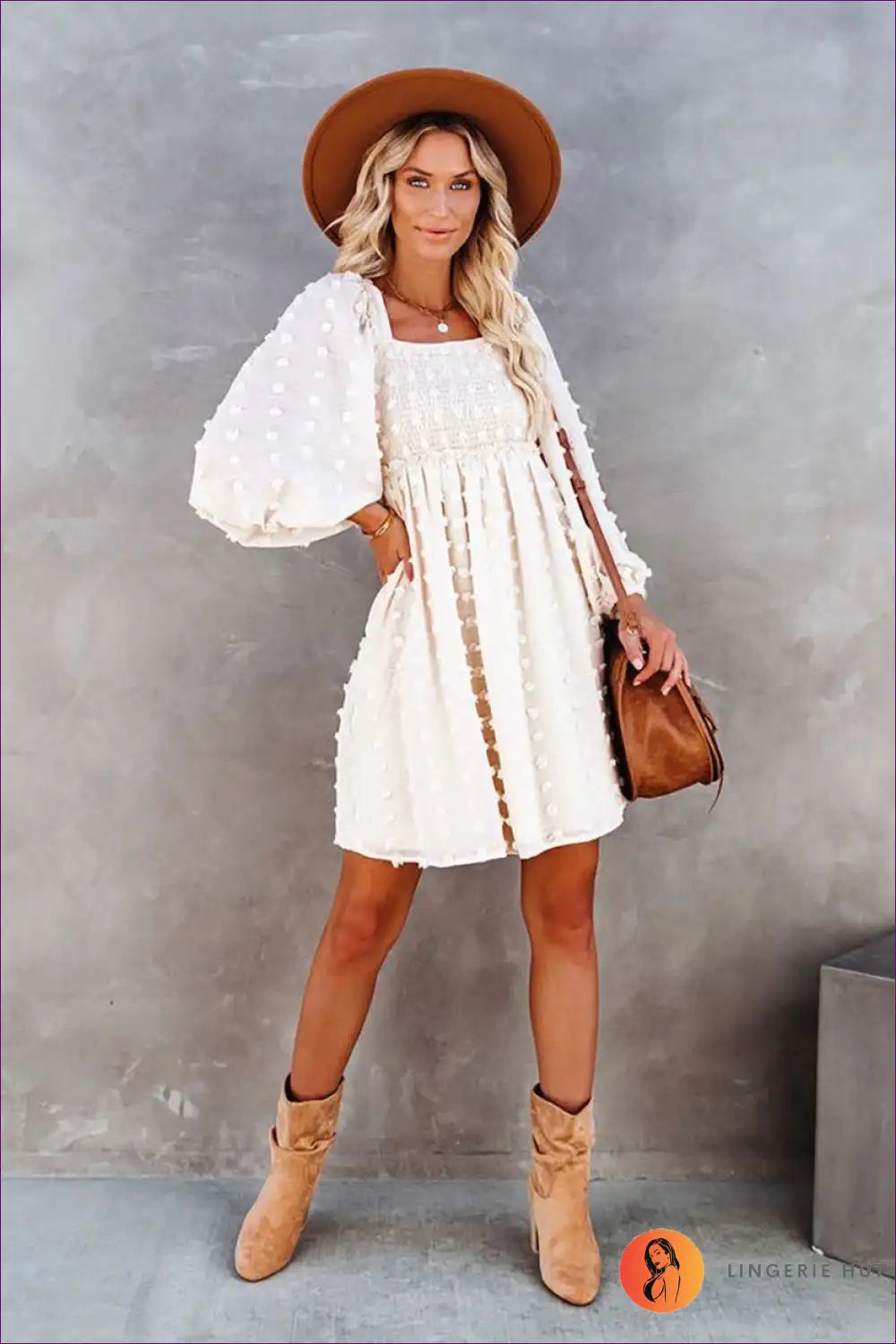 Mini Dress with Puff Sleeves - Romantic Whimsy for A-line, Boho, Casual, Dress, Everyday