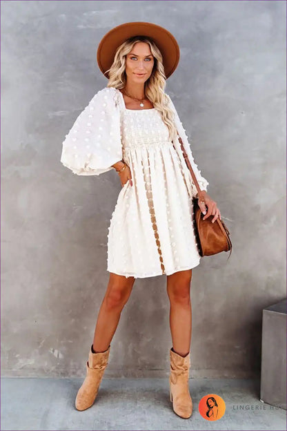 Mini Dress with Puff Sleeves - Romantic Whimsy for A-line, Boho, Casual, Dress, Everyday