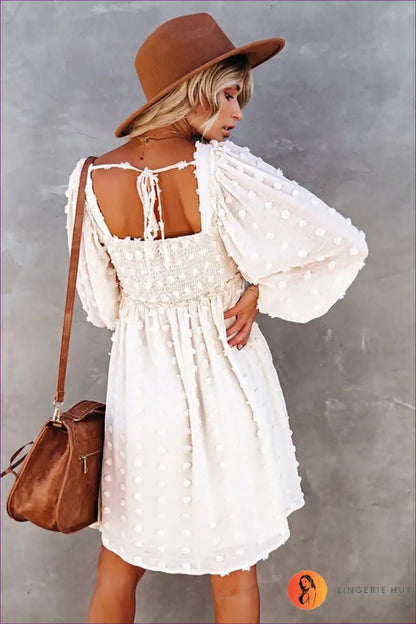 Mini Dress with Puff Sleeves - Romantic Whimsy for A-line, Boho, Casual, Dress, Everyday