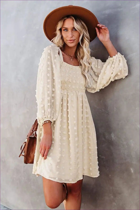 Mini Dress with Puff Sleeves - Romantic Whimsy for A-line, Boho, Casual, Dress, Everyday
