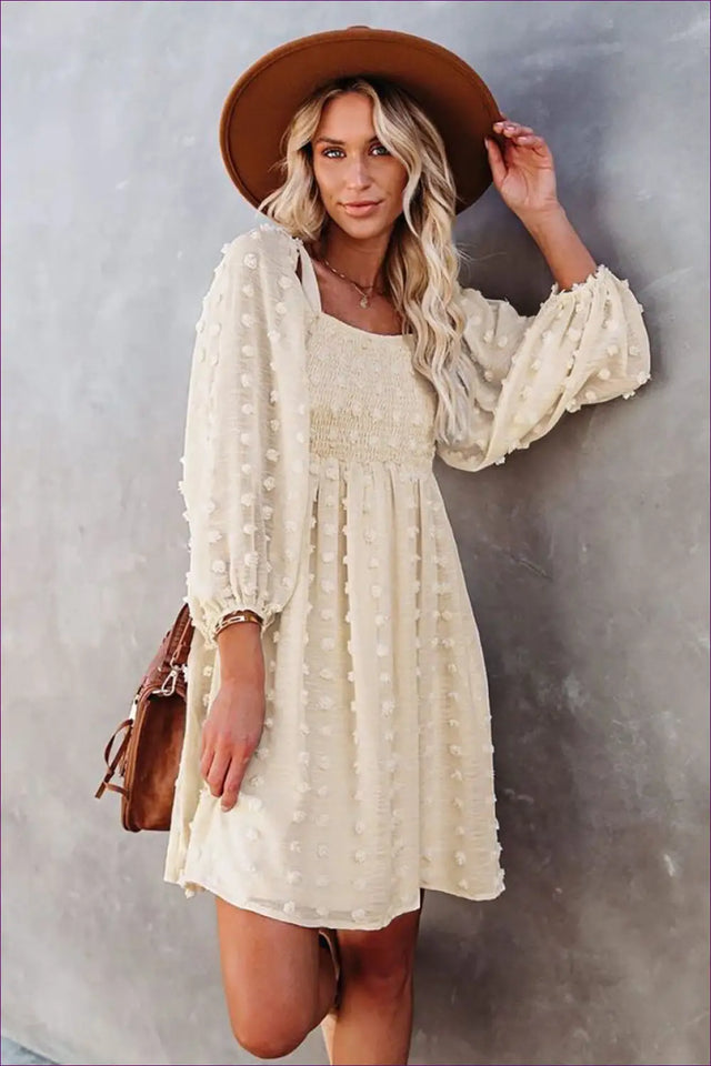 Textured Mini Dress with Puff Sleeves - Garden Party Ready