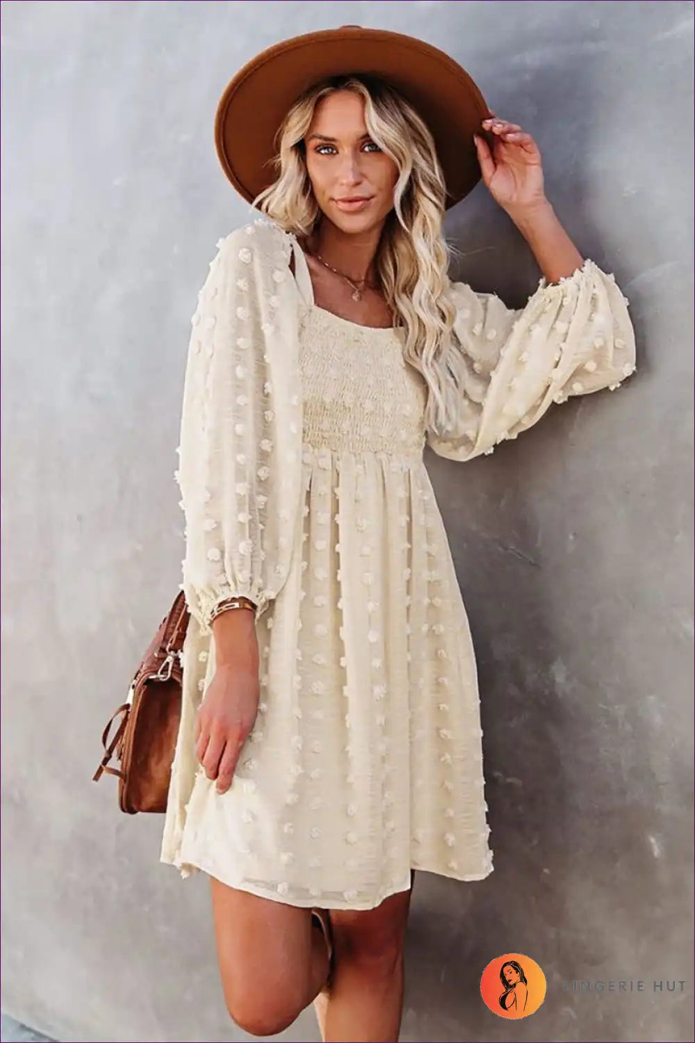 Mini Dress with Puff Sleeves - Romantic Whimsy for A-line, Boho, Casual, Dress, Everyday