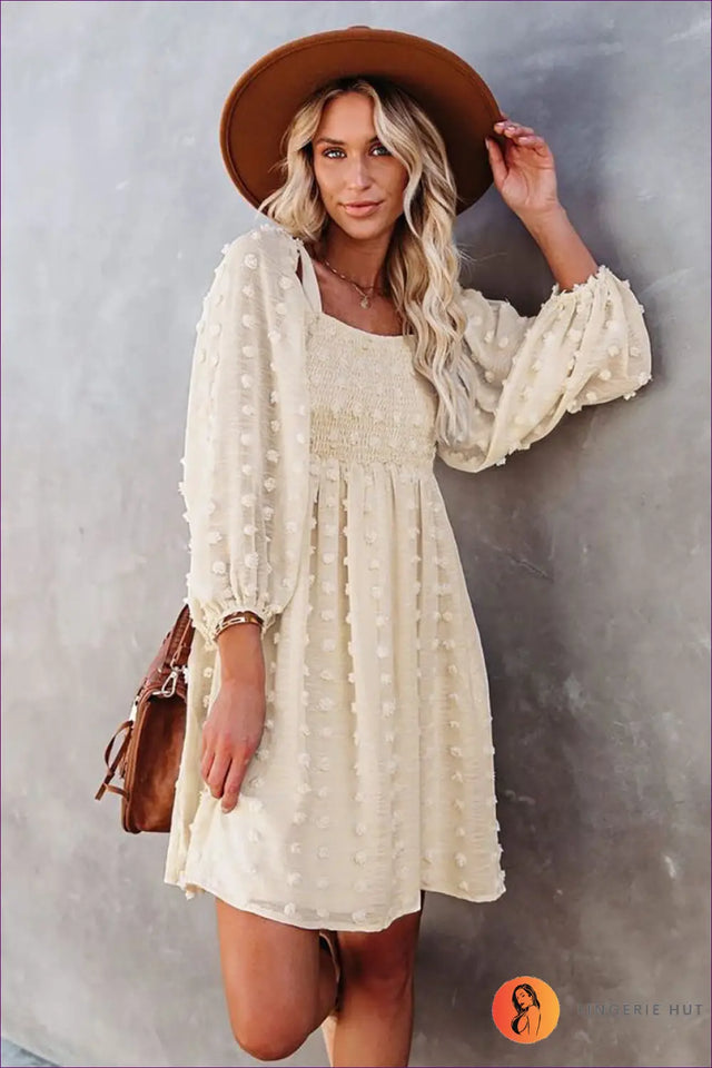 Textured Mini Dress with Puff Sleeves - Garden Party Ready