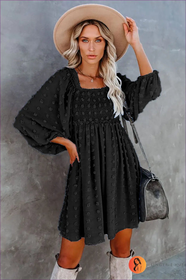 Textured Mini Dress with Puff Sleeves - Garden Party Ready