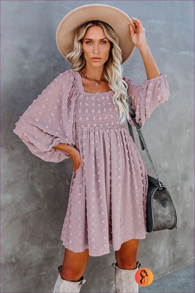 Textured Mini Dress with Puff Sleeves - Garden Party Ready
