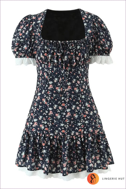 Floral Puff Sleeve Mini Dress - Sweet Vintage Romance - s / Black - Dresses - Lingerie Hut - A-line • Casual • Glamour