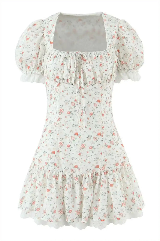 Mini Dress with Puff Sleeves - Sweet Vintage Romance for A-line, Casual, Dress, Floral, Glamour