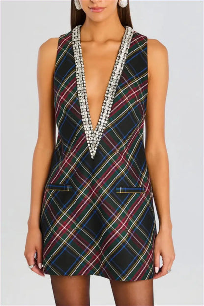 Mini Dress with Rhinestone Trim - Playful Party Attitude for Bodycon, Clubwear, Date Night, Dresses, Evening