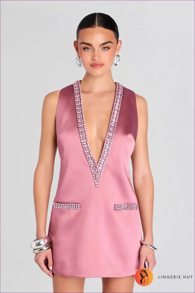 Mini Dress with Rhinestone Trim - Playful Party Attitude