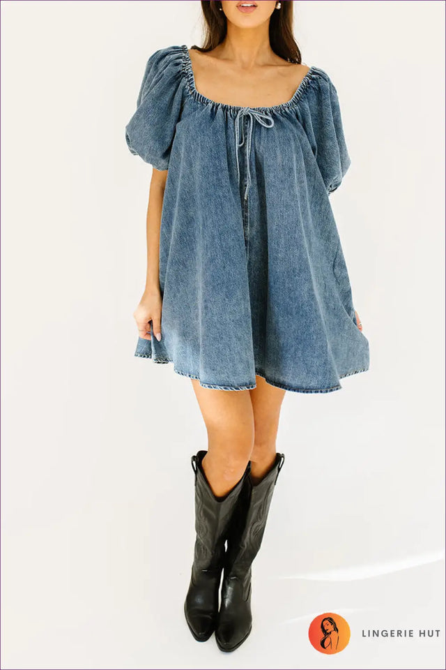 Denim Puff Sleeve Mini Dress