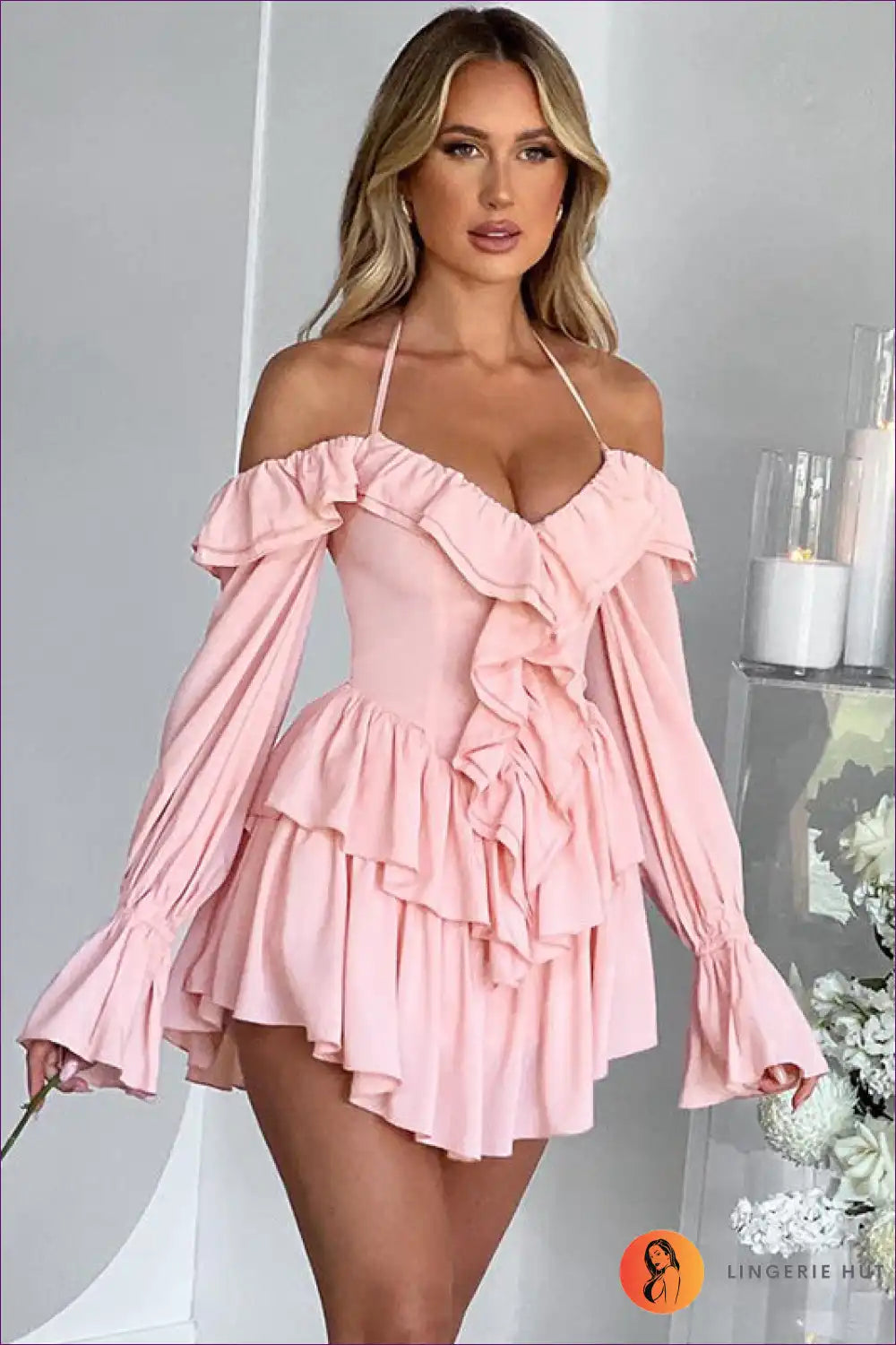 Mini Dress with Ruffle Tiers - Party Confidence for Backless, Cutout, Date Night, Dress, Glamour