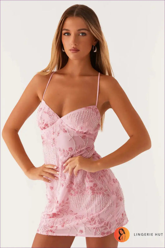 Mini Dress with Sequin Embroidery - Romantic Evenings for Bodycon, Date Night, Dress, Evening Wear, Floral