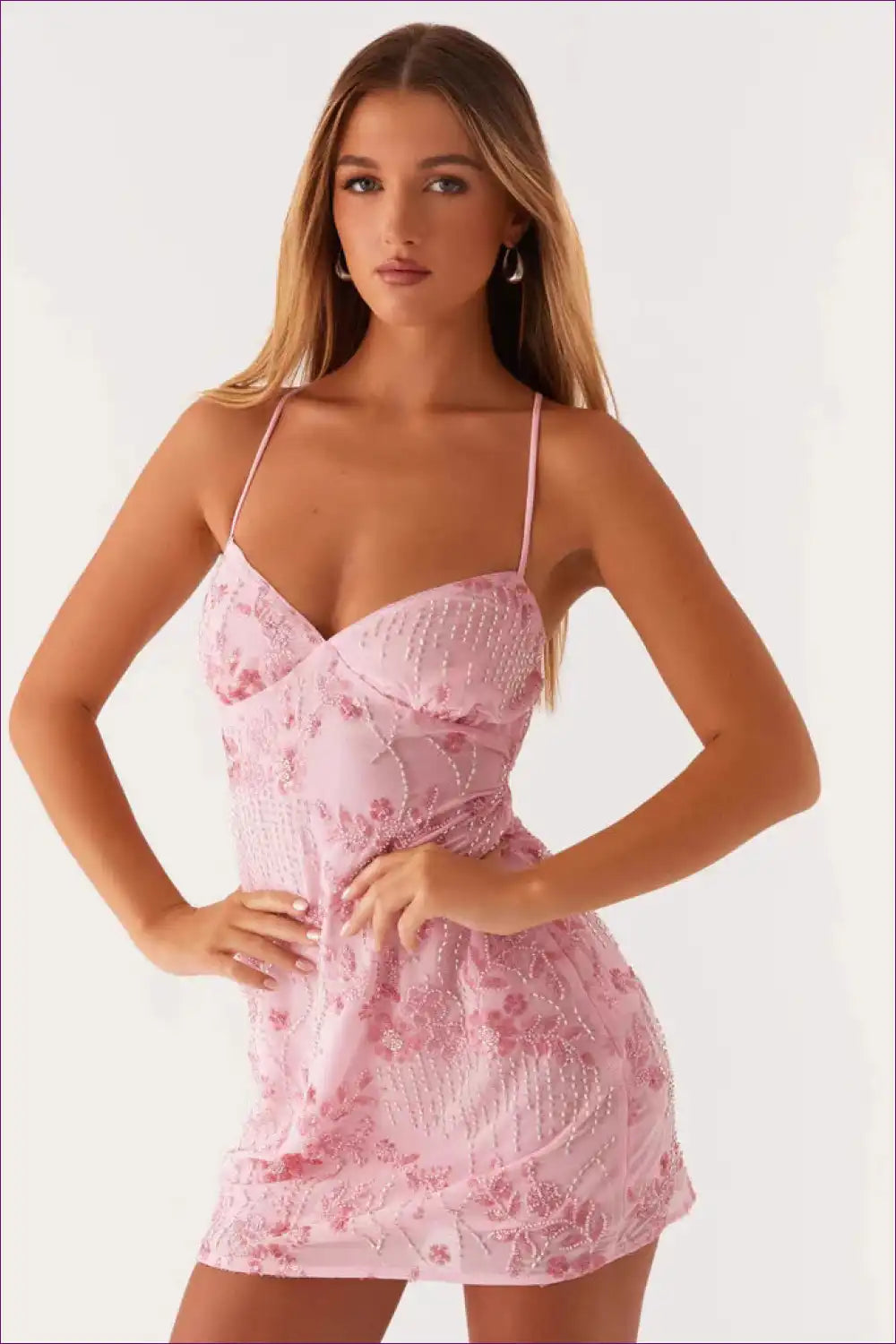 Mini Dress with Sequin Embroidery - Romantic Evenings for Bodycon, Date Night, Dress, Evening Wear, Floral