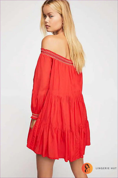 Mini Dress with Off-shoulder Design - Romantic Confidence for A-line, Boho, Casual, Chiffon, Date Night