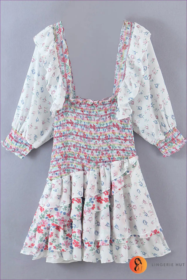 Smocked Mini Dress with Ruffle Skirt - Bohemian Festival Mood