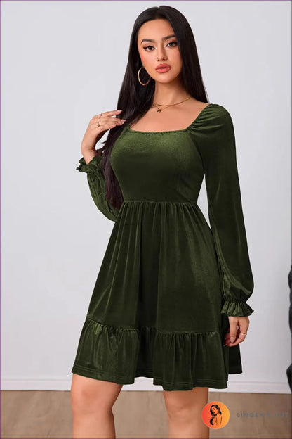 Square Neck Mini Dress with Puffed Sleeves - Understated Glamour - Dresses - Lingerie Hut - A-line • Autumn • Evening