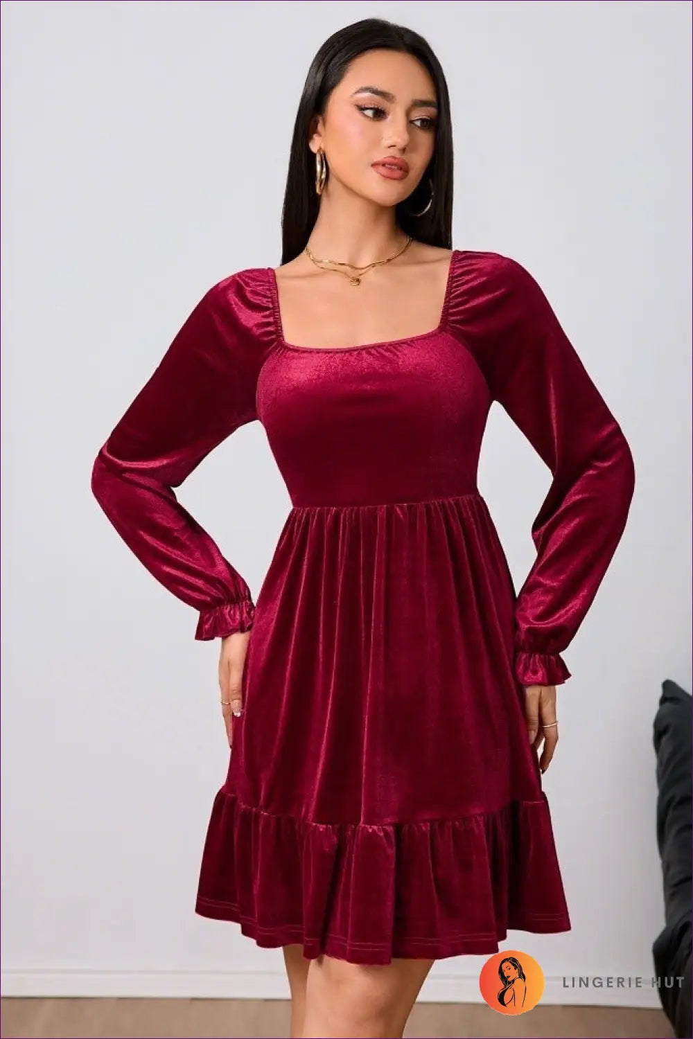 Square Neck Mini Dress with Puffed Sleeves - Understated Glamour - s / Burgundy - Dresses - Lingerie Hut - A-line