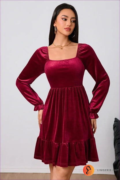 Square Neck Mini Dress with Puffed Sleeves - Understated Glamour - s / Burgundy - Dresses - Lingerie Hut - A-line