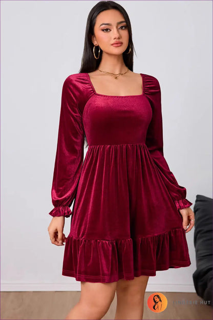 Square Neck Mini Dress with Puffed Sleeves - Understated Glamour - Dresses - Lingerie Hut - A-line • Autumn • Evening