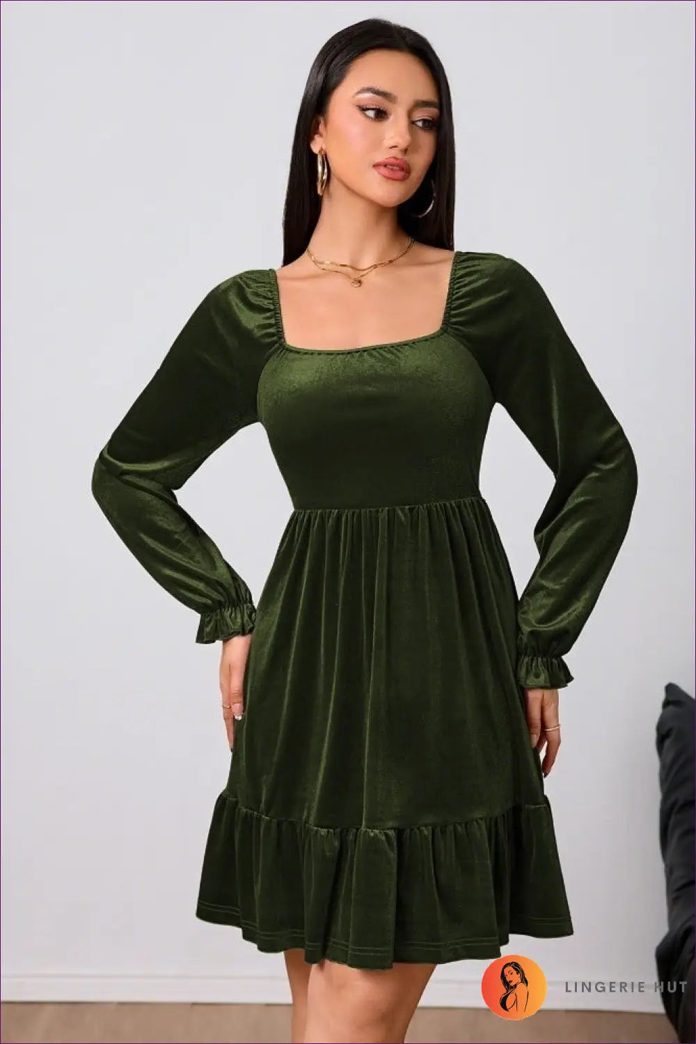 Square Neck Mini Dress with Puffed Sleeves - Understated Glamour - s / Army Green - Dresses - Lingerie Hut - A-line