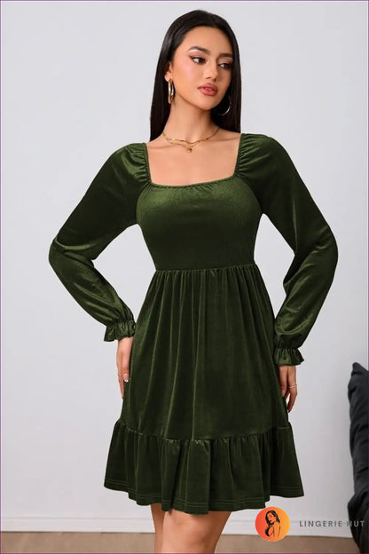 Square Neck Mini Dress with Puffed Sleeves - Understated Glamour - s / Army Green - Dresses - Lingerie Hut - A-line