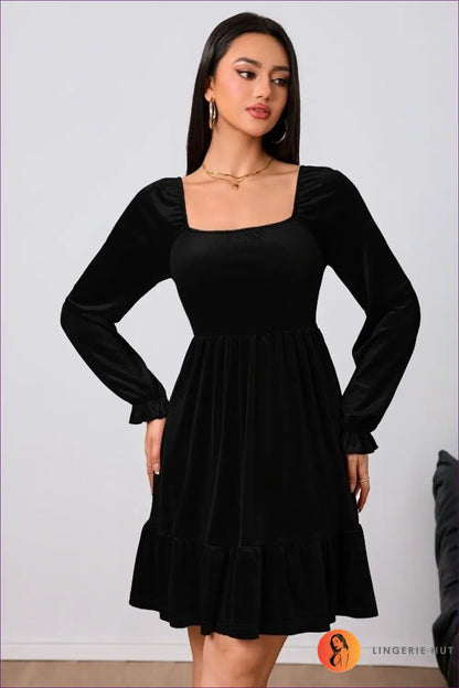 Square Neck Mini Dress with Puffed Sleeves - Understated Glamour - s / Black - Dresses - Lingerie Hut - A-line • Autumn