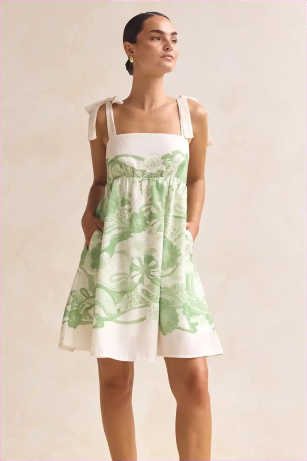 Mini Dress with Tie Straps - Garden Party Ready for A-line, Boho, Casual, Cotton,